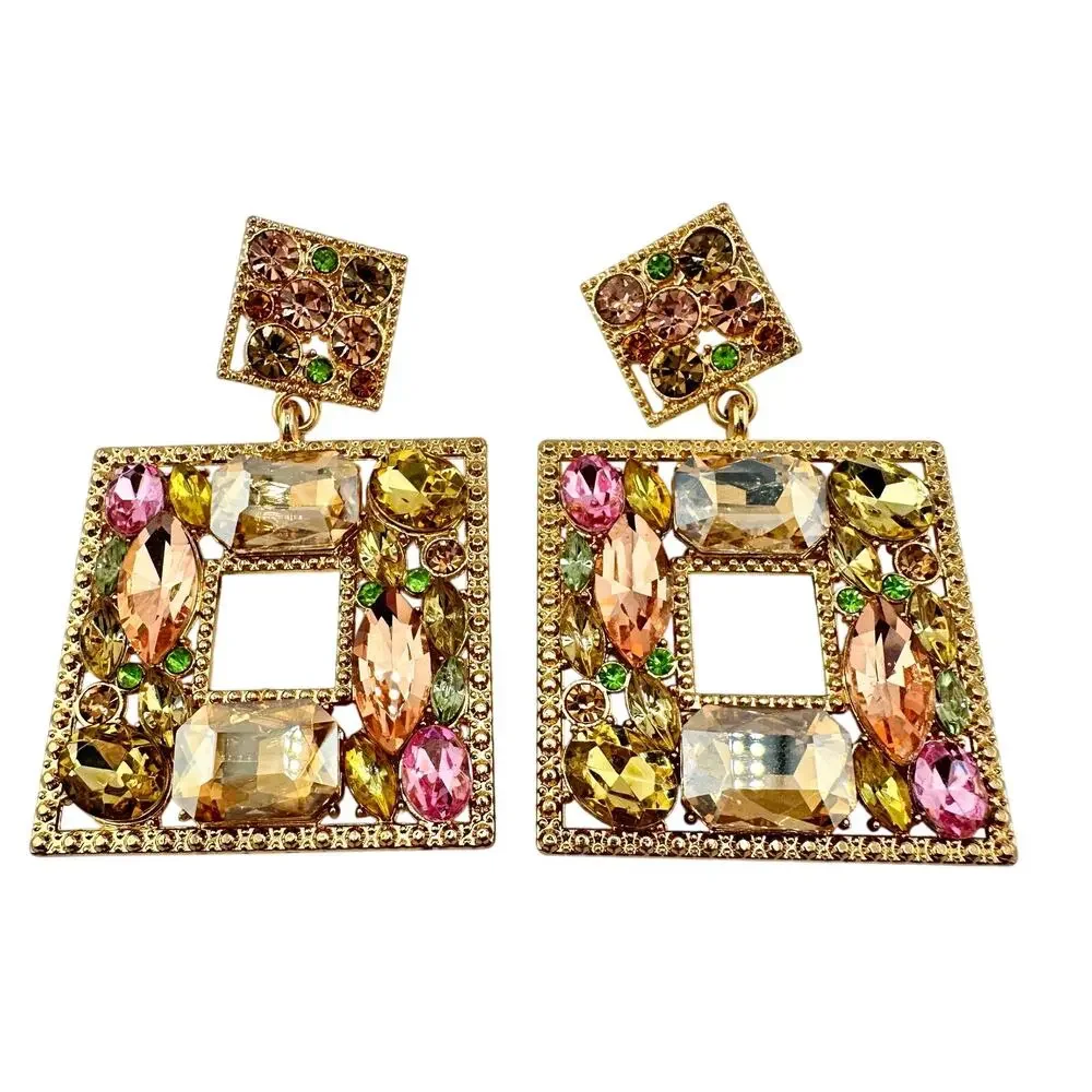 Pastel Glass Rhinestone Maximalist Glam Geometric Gold Tone 2.5